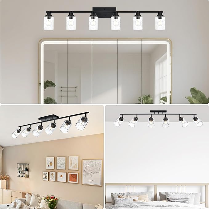 6-Light Black Track Lighting Kit Ceiling Mount Kitchen Track Lighting Fixtures, Bathroom Ceiling Tracking Vanity Light with Bubble Seeded Glass Shade & Rotatable Tracking Heads for Accent Shop