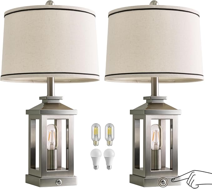 24" Table Lamps for Living Room Bedroom Modern Metal Bedside Lamps Set of 2 Nightstand Lamp for Night Stands 3 Way Dimmable Touch Lamp with USB C+A Ports and 2 Light Sources, 4 Bulbs Includes