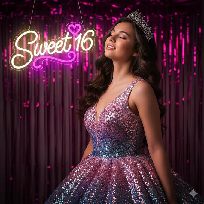 Sweet 16 Neon Sign, LED 16th Birthday Party Decor Light 16.1"X8.6" | USB Powered with Dimmer Switch Sixteen 16th Birthday Party Decorations for Girls Light Up for Wall Decor Room Decor Aesthetic