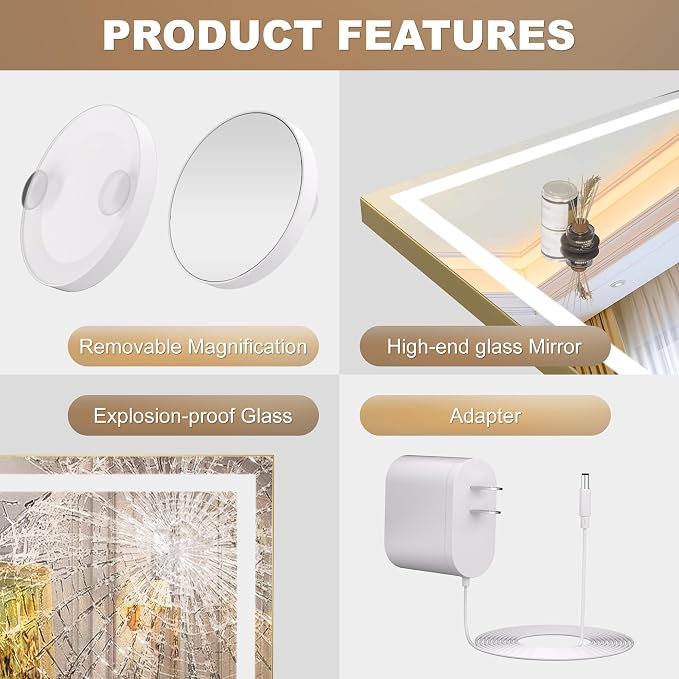 Hasipu Vanity Mirror with Lights, 32" x 22" LED Makeup Mirror, Lighted Makeup Mirror with Dimmable 3 Modes, Touch Screen Control Vanity Mirror Square Gold