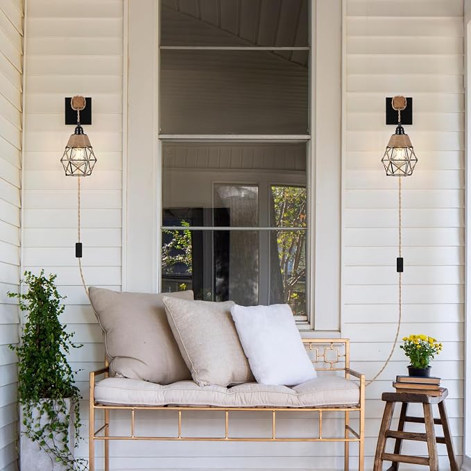 foucasal Plug-in Wall Sconces Set of Two, Rustic Farmhouse Wall Lamp | 8.75FT On/Off Switch Cord, Indoor Rustic Wall Mounted Lamps Set of 2 for Bedroom, Living Room, Bathroom, Entryway, Porch