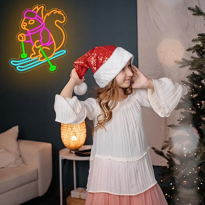 Squirrel Skiing Neon Sign Squirrel Snow Skiing Neon Lights for Kid Room Decor Animal LED Neon Signs for Skiing Shop Wall Art, Snow Skiing Club Led Wall Decor