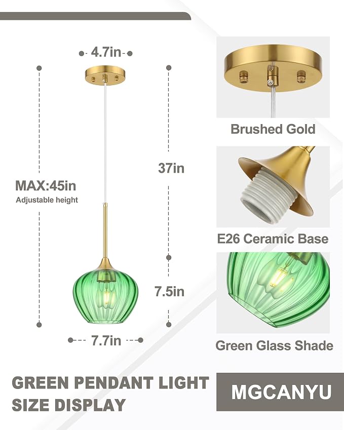 Green Glass Pendant Lights Kitchen Island, 7.7" Vintage Pendant Lighting with Brushed Gold Adjustable Hanging Light Fixtures for Kitchen, Dining Room, Sink, Bathroom