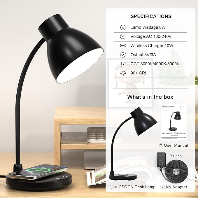LED Desk Lamp for Home Office with Wireless Charger, Matte Black | 3 Color Modes Dimmable Eye-Caring Study Reading Dorm Desk Lamp, 360° Flexible Arm Table Lamp for College Dorm Room, 800 Lumen