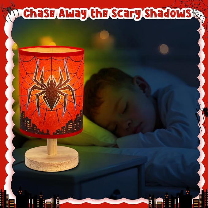 Spider Table Lamp for Boys - Spider Night Light & Bedroom Bedside Lamp with Linen Lampshade and Wooden Stand, Cartoon Nursery Lamp for Desk, Home Decor