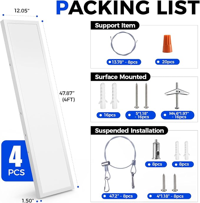 Barrina 1x4 LED Flat Panel Light, 8640LM 72W, 0-10V Dim, 5CCT 3000K-6000K | Dimmable 4FT LED Shop Light, Ceiling & Hanging Mount for Kitchen, Garage, Office, Ultra Thin Design, Dissipate Heat, 4 Packs