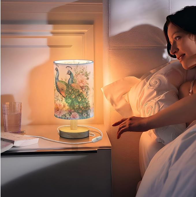 Fustylead Beautiful Peacocks and Flowers Bedside Table Lamps with USB Port for Bedroom Lamp Small Nightstand Lamp Sturdy Linen Shade Wooden Decorative Lamps for Living Room Home Dorm Kids
