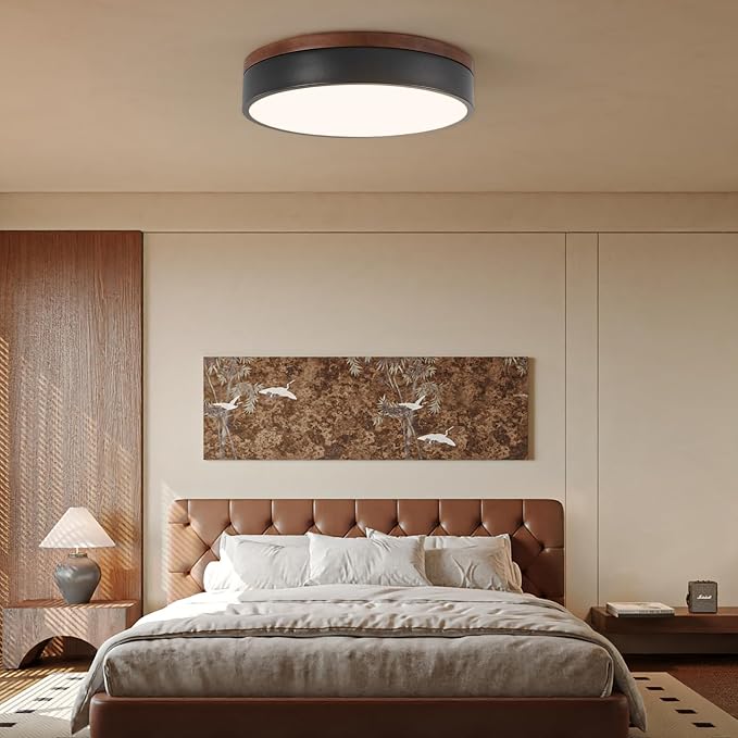 12" Minimalist Black and Walnut Wood LED Flush Mount Ceiling Light | Natural Wood Accent, Integrated LED, 5CCT Before Installation, Slim Low-Profile Design, Minimalist Modern Style, Compact Size