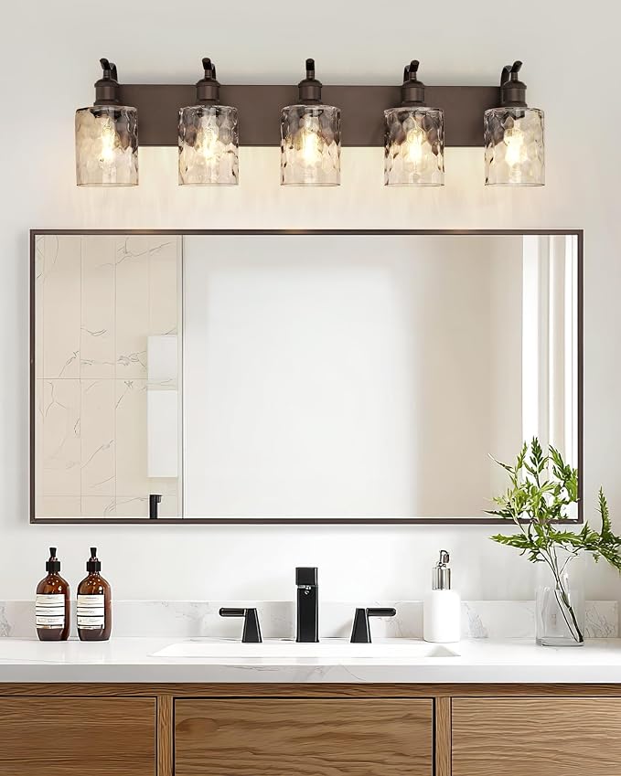 5-Light Bathroom Vanity Light,Hammered Glass,Oil Rubbed Bronze | 34.2 Inch Over Mirror Wall Light,E26 sockets,for bathroom mirror,powder room,dressing area