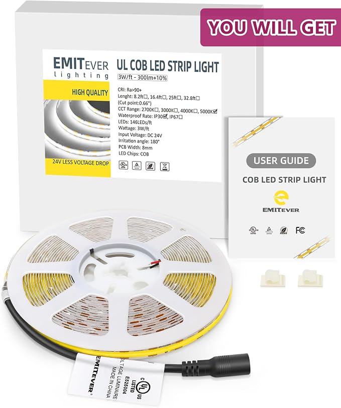 EMITEVER COB LED Strip Lights Cool White 5000K,UL 24V,16.4ft 2400LEDs | Ra 90+,IP30,3W/ft,305+Lumens/ft,5 Year Warranty(Power Supply Sold Separately)for bedroom,living room,kitchen