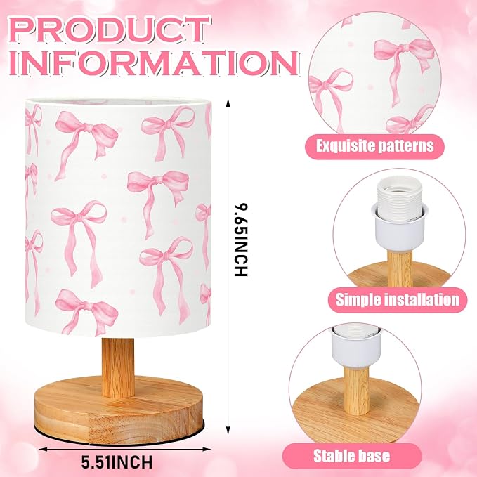 Bow Kids Table Lamp for Bedroom Kids Bedside Lamp with Linen Wooden Nightstand Cartoon Nursery Lampshade for Girls Boys Living Room