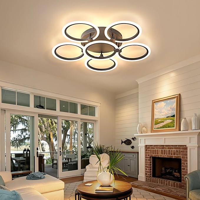 LED Ceiling Light, 6-Ring Modern Flush Mount Fixture, 77W Dimmable 3000K–6500K, Black Ceiling Light with Remote for Living Room Bedroom Kitchen (28.9")