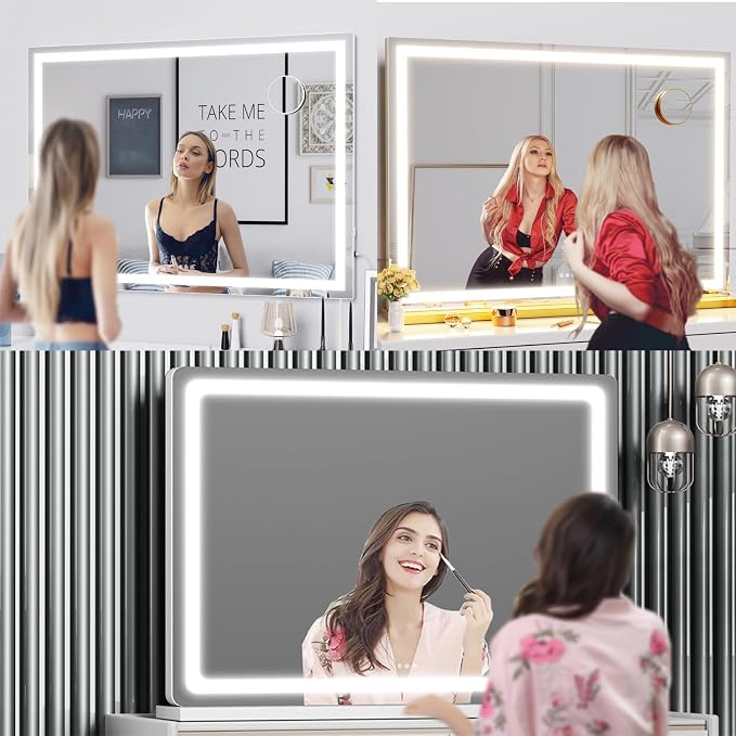 Gvnkvn Makeup Vanity Mirror with Lights 26" x 20" Large LED Makeup Mirror, Light up Mirror with 10X Magnification and USB Charging Port, Dimmable 3 Modes, Touch Screen Control Square Corner