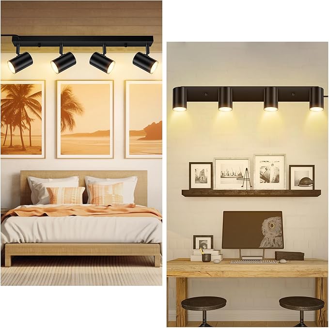 4 Light Track Lighting Kit,Black 4 Way LED Plug in Ceiling Spotlight,Industrial GU10 Wall Light for Kitchen Cabinet Gallery Bar Hallway Living Room,Rocker Switch,15 Foot Cord(No Bulb)