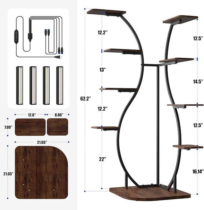 Barrina LS12 Corner Plant Stand with Grow Lights, 9-Tier, Full Spectrum | 62.2" Tall Plant Shelf, Warm T5 Grow Light, Timer, S-Shape Corner Flower Holder for Living Room, Home Decor, Gardening