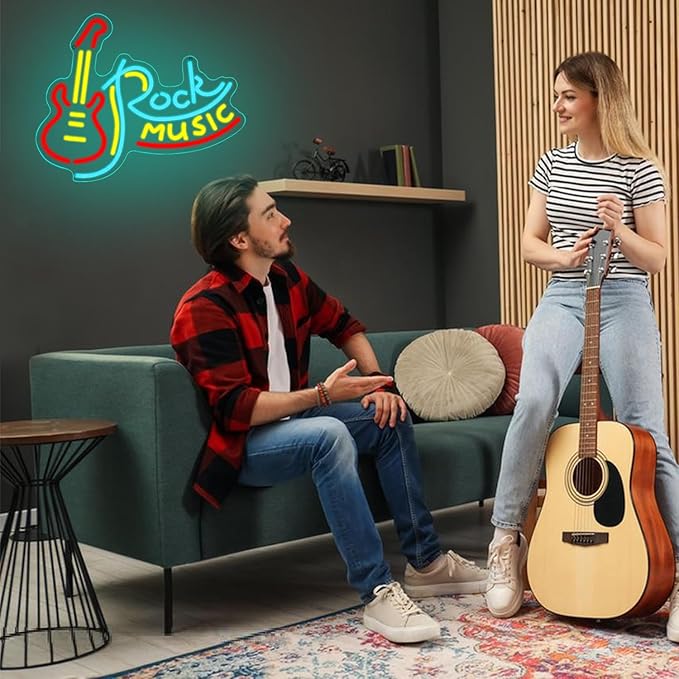 Rock Music Neon Sign for Wall Decor Dimmable Neon Light Signs Guitar Shape LED Neon Signs for Bar Rock Music Fans Game Room