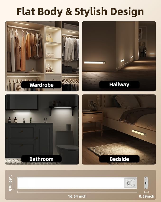 EZVALO 17'' Under Cabinet Lighting Wireless, 3Pack Rechargeable Closet Lights, LED Motion Sensor Indoor, Dimmable & 3 Color Temps Battery Operated with Power Display, for Kitchen, Stairs, Bookshelf