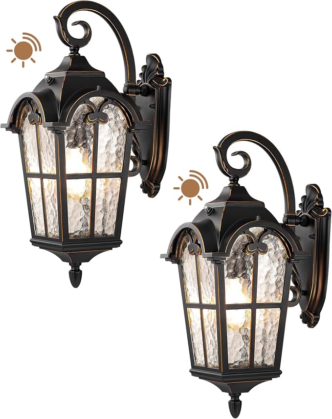 EDISHINE Dusk to Dawn Outdoor Wall Light, Roman Large Size Exterior Lantern Fixtures, E26 Base, Waterproof Porch Lights Wall Mount, Black Outside Wall Sconce, 2 Pack
