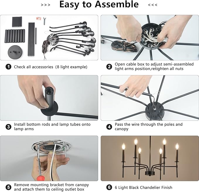 Qamra Black Chandelier,6 Light Farmhouse Dining Room Light Fixture,Small Candle Chandeliers for Dining Room Entryway Foyer Bedroom Kitchen Living Room (Bulbs Not Included)