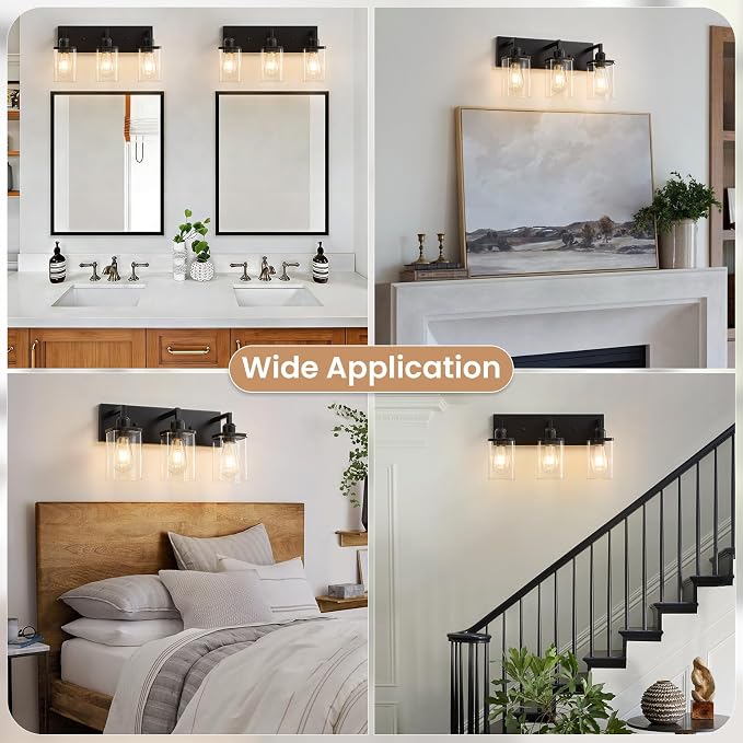 3-Light Bathroom Vanity Light Fixtures, Modern Matte Black Bathroom Lighting Fixtures Over Mirror with Square Clear Glass Shades, Bath Wall Sconce Lights for Dressing Table, Bedroom, Hallway