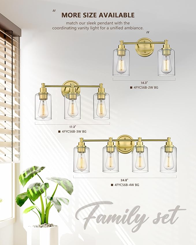 FEMILA Bathroom Vanity Light,Farmhouse Modern Vanity Lighting fixtures,Vintage Wall Lamp, Champagne Gold Finish with Clear Glass Shade,4FYC56B-3W BG