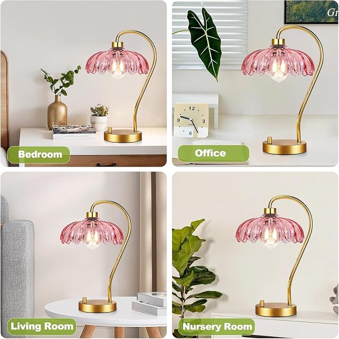 ILLMTW Pink Table Lamp Set of 2,Small Gold Bedside Lamps Dimmable Flower Bedroom Lamp with Glass Lamp Shade,Boho Vintage Mid Century Modern Mini Nightstand Lamp for Bedroom Living Room