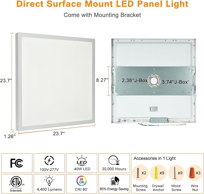 24-Pack 2x2 LED Flat Panel Light Surface Mount, 0-10V Dimmable | 40W-30W-20W & 3000K-4000K-5000K Selectable, 100-277V, ETL Listed, White