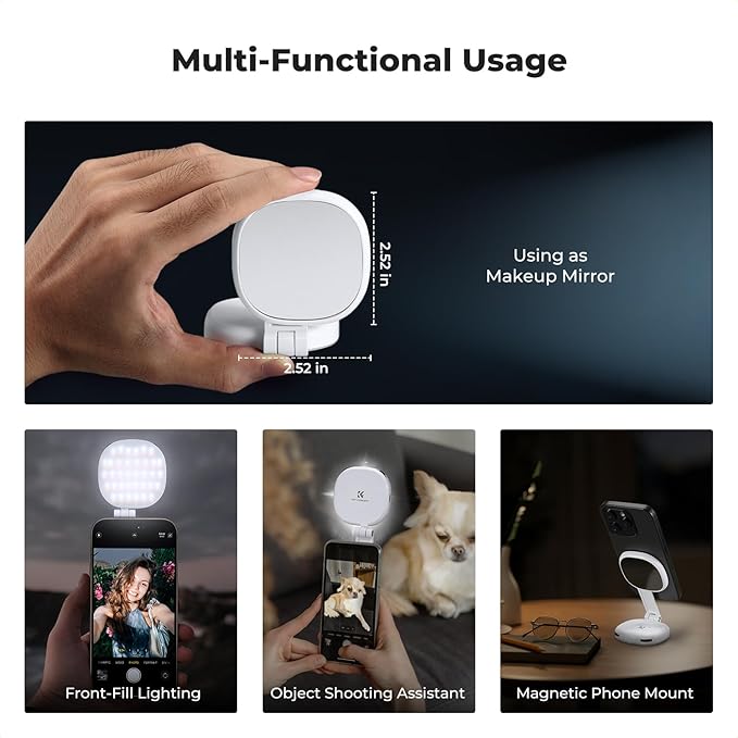 K&F CONCEPT Magnetic Selfie Light with 360°Rotation & Mirror, CRI95+ Foldable Phone Ring Light Compatible with iPhone Magsafe/Android, Portable LED Fill Light for Photography/Vlogging