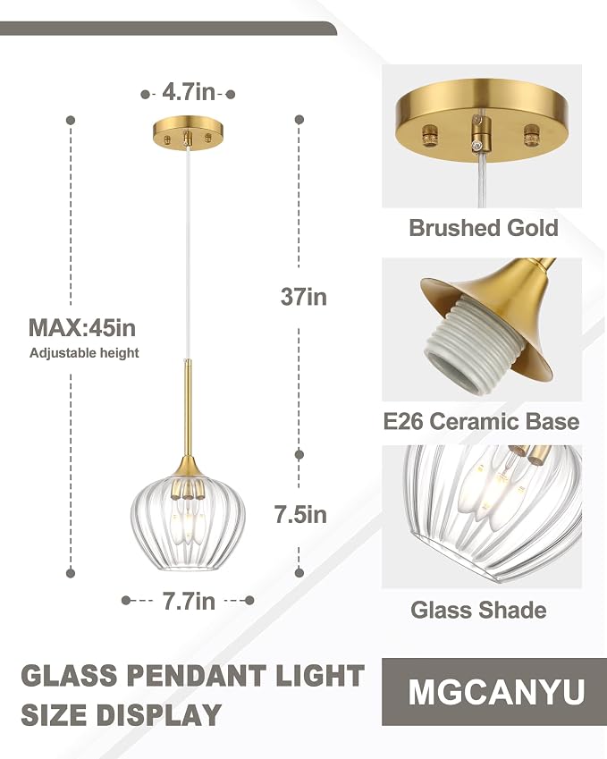 2-Pack Glass Pendant Lights Kitchen Island, 7.7" Modern Gold Pendant Lighting Adjustable Hanging Light Fixtures for Kitchen, Dining Room, Bathroom, Bedroom