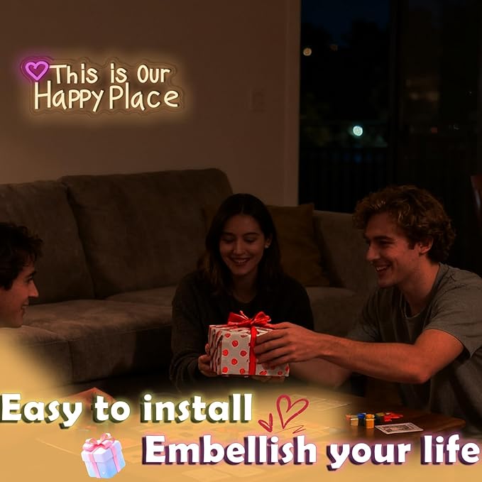 This is our happy place neon sign, suitable for wedding birthday girl party bar wall decoration, dimmable, USB powered, pink heart shape