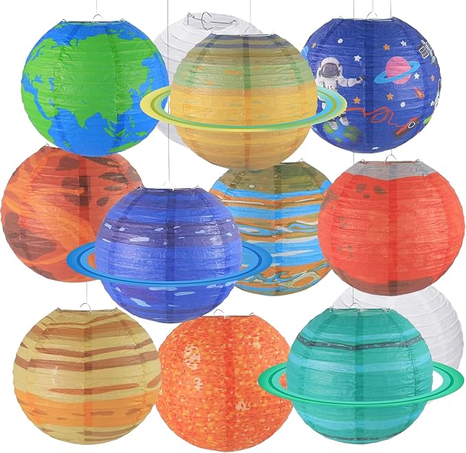 12Pcs 10 Inch Space Planet Paper Lanterns Decorative Solar System Hanging Round Paper Lanterns Lamp for Birthday Party Decoration Home Decor Room Decorations