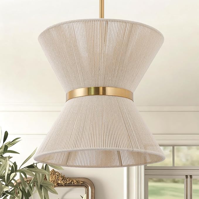 Pendant Kitchen Island Lights,12.2” Rattan Pendant Light for Dining Room | Handwoven Natural Rope Shade, Small Boho Chandelier for Kitchen Dining Room, Gold Metal Finish, Adjustable Hanging Height