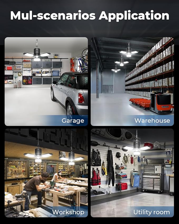 2 Pack Plug in Motion Sensor Garage Light - 8000LM Shop Light with 3 Modes, 3 Deformable LED Panels, 6500K Indoor Motion Sensor Light Bulb for Garage, Laundry Room, Basement