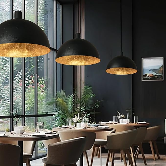 15 Inch Black and Gold Leaf Pendant Light, Grainy Matte Black Dome Chandelier with Hand-Applied Gold Leaf Interior, E26 Socket for Kitchen Island, Dining Room, or Bar