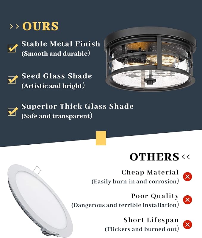 EAPUDUN Flush Mount Ceiling Light, 12inch 2-Light Metal Close to Ceiling Light Fixture, Matte Black Finish with Seed Glass Shade for Hallway Entryway Bedroom Porch