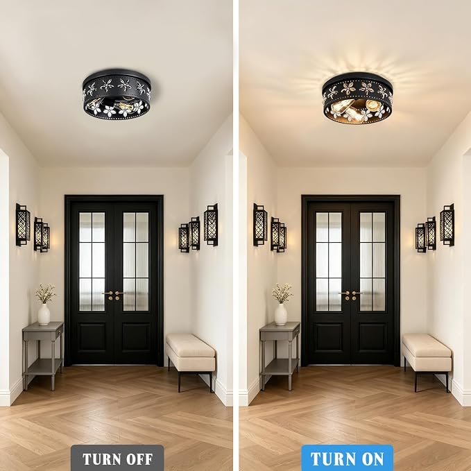 12.6 Inch Black Flush Mount Ceiling Light Fixture | 3-Light, Flower, Farmhouse, Kitchen, Dining Room, Bedroom, Living Room, Foyer, Entryway