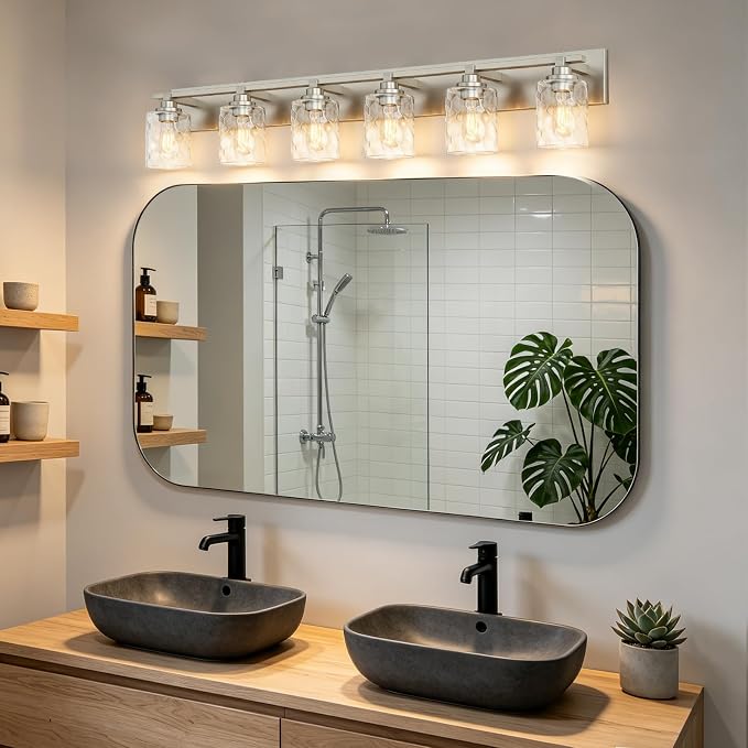 Modern Bathroom Lighting Fixtures Over Mirror, Vanity Lights for Bathroom, Wall Sconces with Clear Glass Shades, E26 Ceramic Socket, 6-Light 43-inch Brushed Nickel