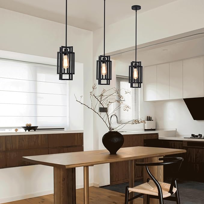 Farmhouse Pendant Light Fixtures 2 Pack 1 Light, Cage Black Finish Modern Pendant Lights with Max 59'' Adjustable, Small Square Pendant Ceiling Hanging Light for Kitchen Island Dining Room Entryway
