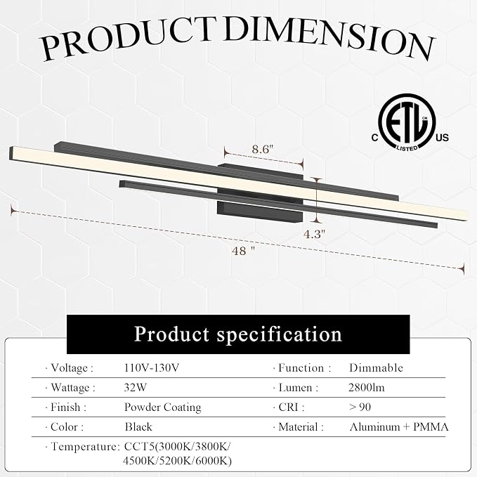 Modern LED Vanity Light 48 Inches Long Black LED Wall Light Over Vanity Mirror Hardwired Wall Mount Lighting Fixture 5CCT(3000K/3800K/4500K/5200K/6000K) Dimmable Bathroom Wall Mount Lighting