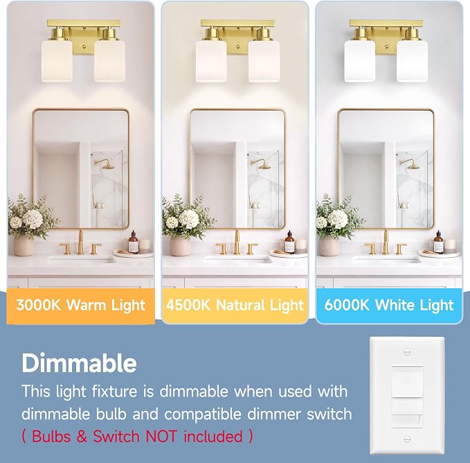 2 Light Gold Bathroom Light Fixtures,Brushed Gold Vanity Light with Clear Glass,Gold Bathroom Vanity Lights Over Mirror,Wall Sconces for Living Room,Bedroom,Hallway(E26 Base)