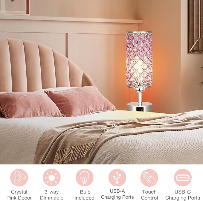 Hong-in Purple Lamp for Girls Room-Crystal Touch Lamp with USB-C+A Ports,3 Way Dimmable Bedside Light with Crystal Shade for Bedroom Home Office