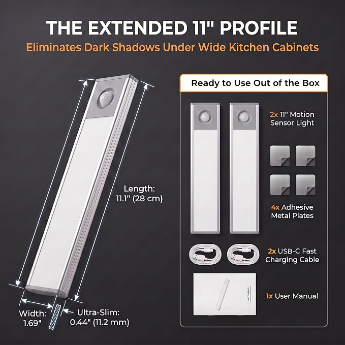 Under Cabinet Lighting, 4200mAh Motion Sensor Light, 3CCT, 2 Pack | 11 Inch USB-C Fast Charging, Battery Operated, 10s/20s Delay, 240lm & 5-Level Dimmable, Magnetic for Kitchen & Closet, Indoor