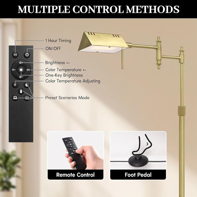 Bairth Light Gold Reading Floor Lamp, Dimmable Pharmacy Standing Lamp | 3 Color Temperature, Dimmable, 17W LED, Height Adjustable, 360°Swing Arm, for Living Room, Bedroom, Office, Craft & Sewing