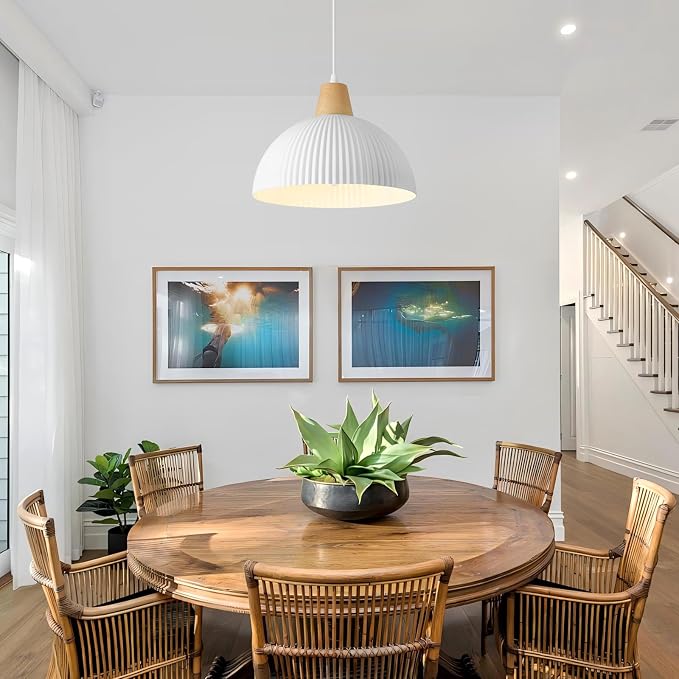 White Pendant Light Kitchen Island, 11.8" Wood Pendant Light Modern Farmhouse Dome Hanging Light for Dining Room Bedroom Bar Sink
