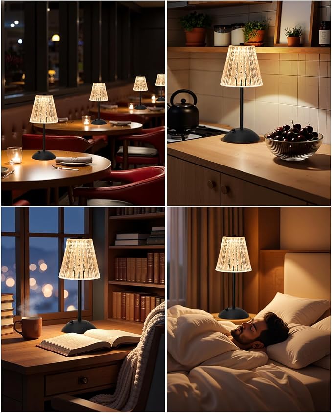 Nusogon 4 Pack Rechargeable Cordless Table Lamp, Touch Control Desk Lamp | 3 Color Dimmable LED Black Small Lamp for Bedroom Bedside Restaurant Kitchen Home Decor
