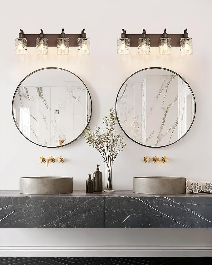 4-Light Bathroom Vanity Light,Hammered Glass,Oil Rubbed Bronze | 27 Inch Over Mirror Wall Light,E26 sockets,for bathroom mirror,powder room,dressing area