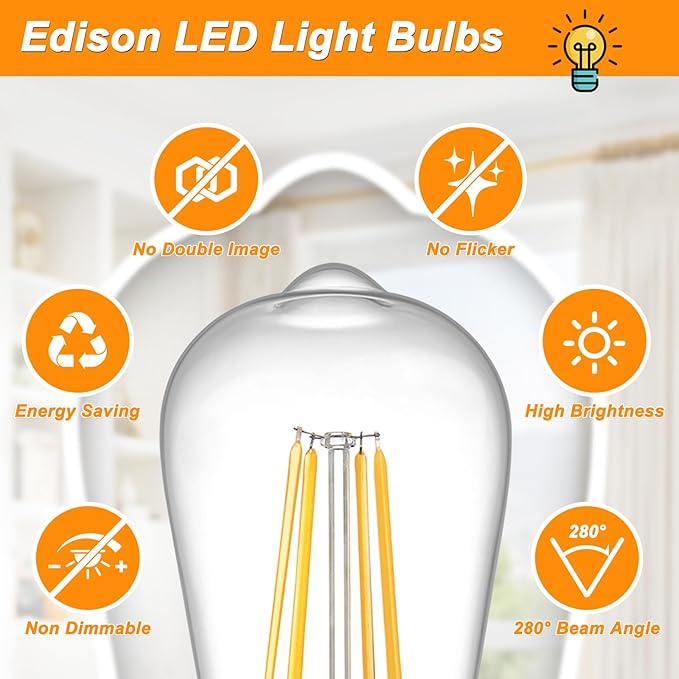 Ascher Vintage LED Edison Bulbs 6W, Equivalent 60W Incandescent, Non-Dimmable, Warm White 2700K, ST58 Antique LED Filament Bulbs with 80+ CRI, E26 Medium Base, Clear Glass, 6-Packs