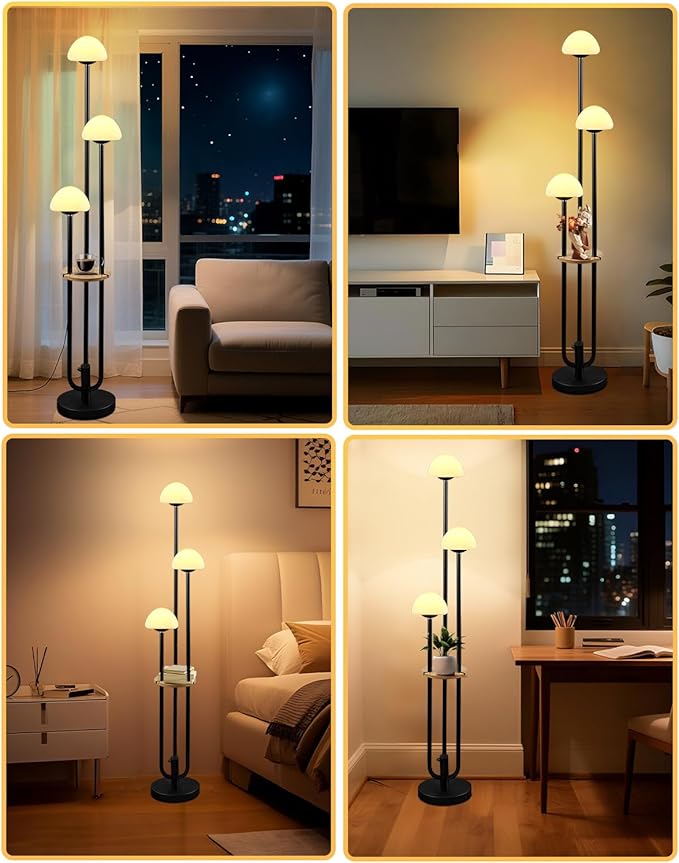 3 Light Mushroom Floor Lamp with Shelf, Dimmable Black Floor Lamp with Bulbs Included, 3000K Warm White Modern Standing Tall Floor Lamp for Living Room Bedroom Reading Sofa Beside Corner Decor