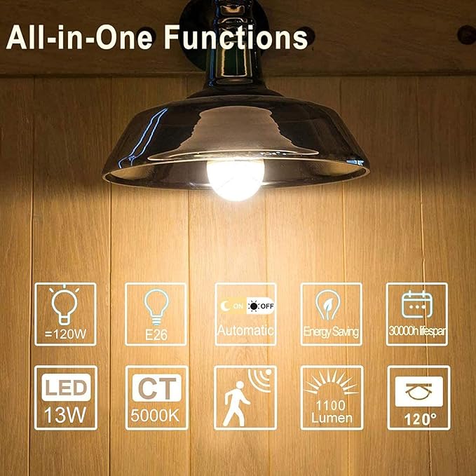 MikeWin Motion Sensor Light Bulbs Outdoor 4 Packs 13W(100W Equivalent) Security LED Bulb, Indoor E26, A19, 5000K Daylight Dusk to Dawn Bulb for Garage Front Door Porch Stairs Hallway