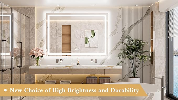 LED Bathroom Mirror with Lights 48 x 36 Brighter Light up Mirror for Bathroom Vanity, Front and Backlit Lighted Antifog Mirror Wall Mounted, 3-Color Dimmable, Waterproof, Tempered Glass